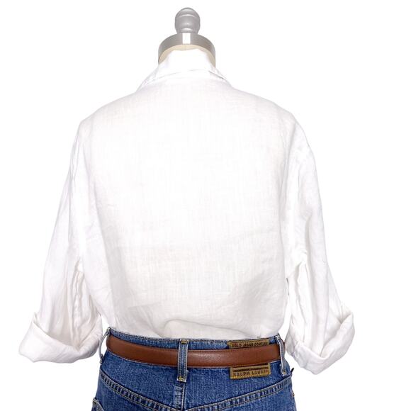 Sigrid Olsen Size M 100% Linen White Popover Blouse Shirt Collar Deep V Neck - Picture 2 of 5